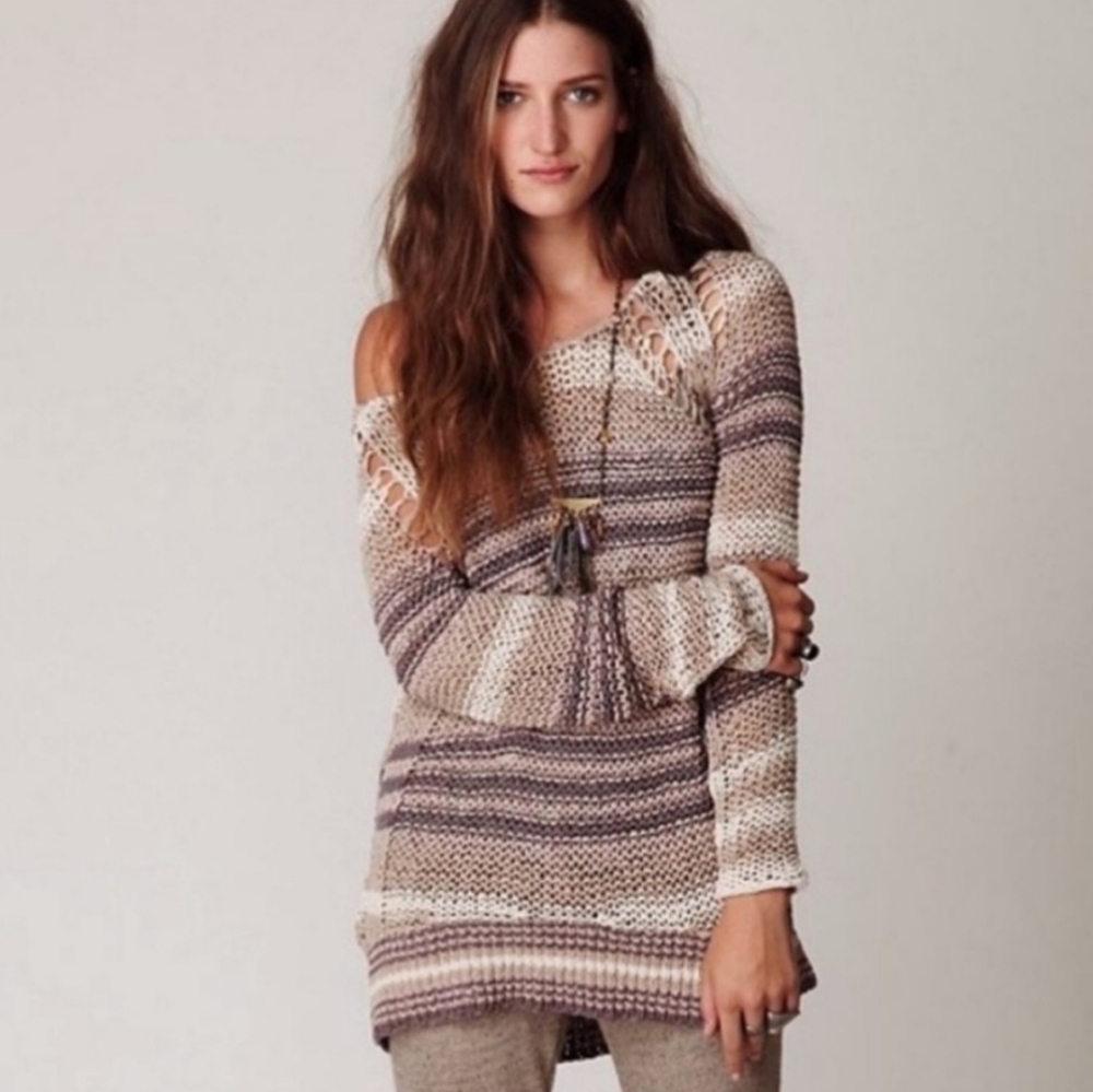 Free People Desert Moon striped lightweight crochet knit purple/tan swea…